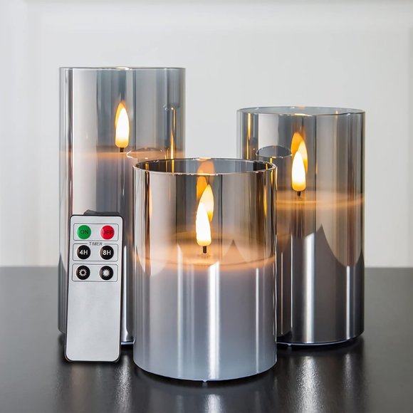 Grey Glass Flameless Candles with Remote Battery Operated Flickering LED - Picture 1 of 6